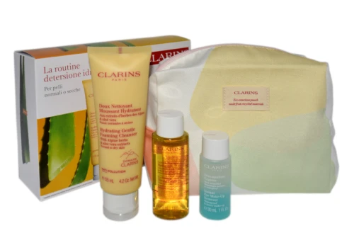 CLARINS SET (FOAMING CLEANSER 125 ML + LOTION 50 ML + DEMAQUILLANT EXPRESS YEUX 30 ML + COSMETICS BAG)
